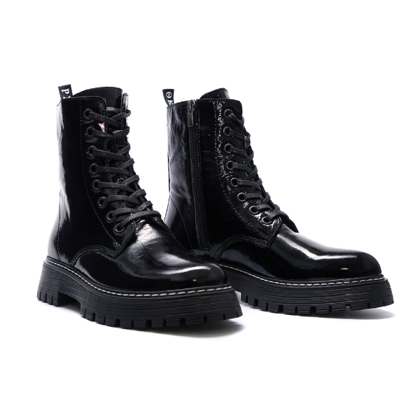 Black patent leather biker booties