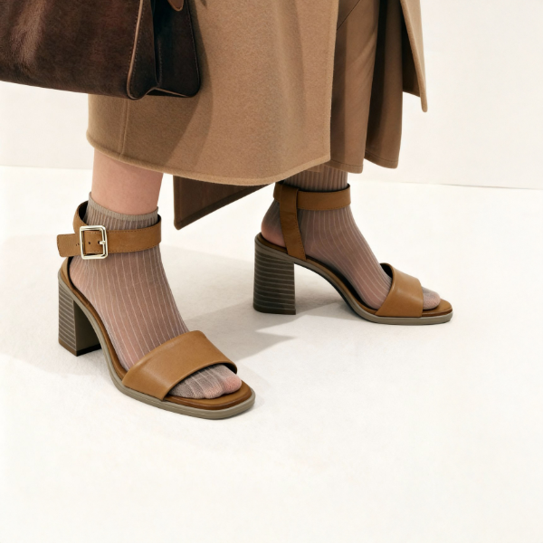 Tan stack heel dress sandals