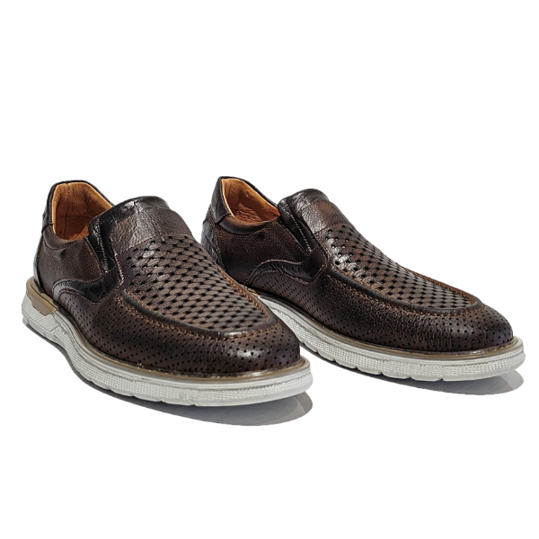 Brown leather perforated slip-ons