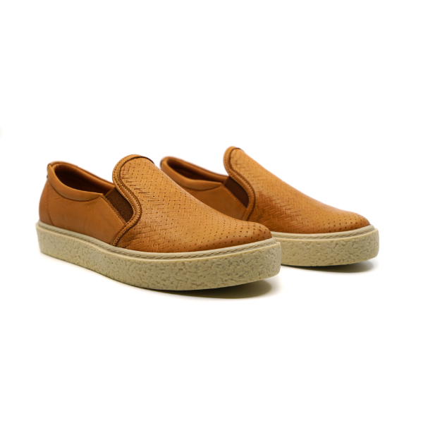 Woven tan slip-ons